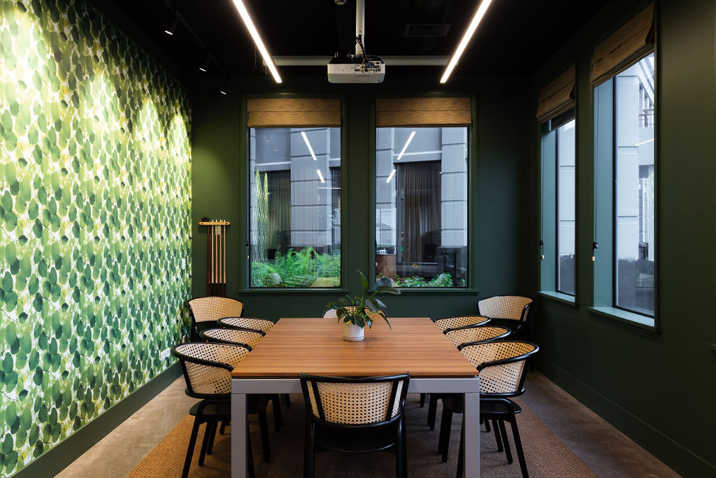 The pod - Green textured walls, a meeting table converts to a pool table, and this space is fully serviced by our team at Lawn Café.