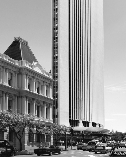 Alberts building in black and white.