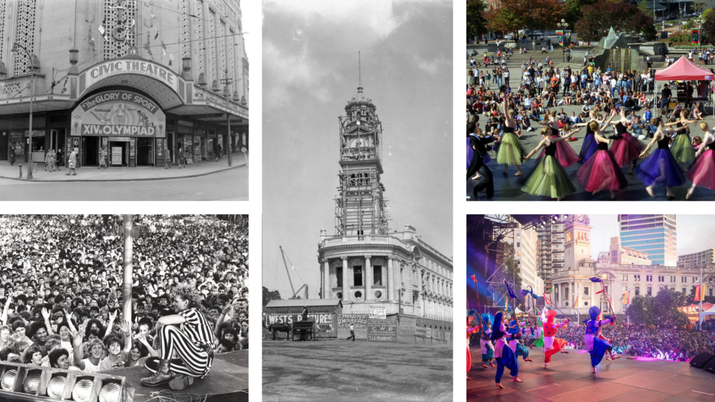 The Civic Theatre on Queen Street during the late 1920s; Auckland Town Hall under construction, c.1909–1911; cultural performance in Aotea Square; community festival in Aotea Square; free concert crowd in Aotea Square, c.1984; illustrating the precinct's long history as one of Auckland's civic and cultural gathering places. Images: Auckland Libraries Heritage Collections and other historical archives.